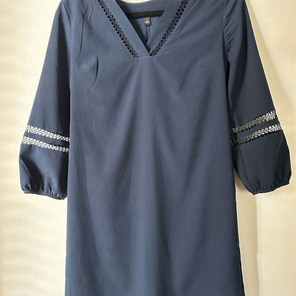 Banana Republic Women's Size 0 Blue Shift Dress 3/4 Sleeve V-Neck Casual